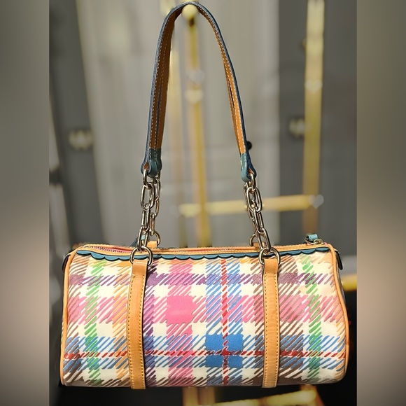 DOONEY & BOURKE VINTAGE Y2K MULTICOLOR PLAID PRINT BARREL BAG RARE - Picture 2 of 14